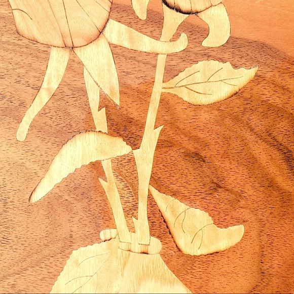 SOLD Vtg Botanical Wood Inlay Wall Hanging, 70s OOAK handmade Wood Craft - Picture 4 of 8